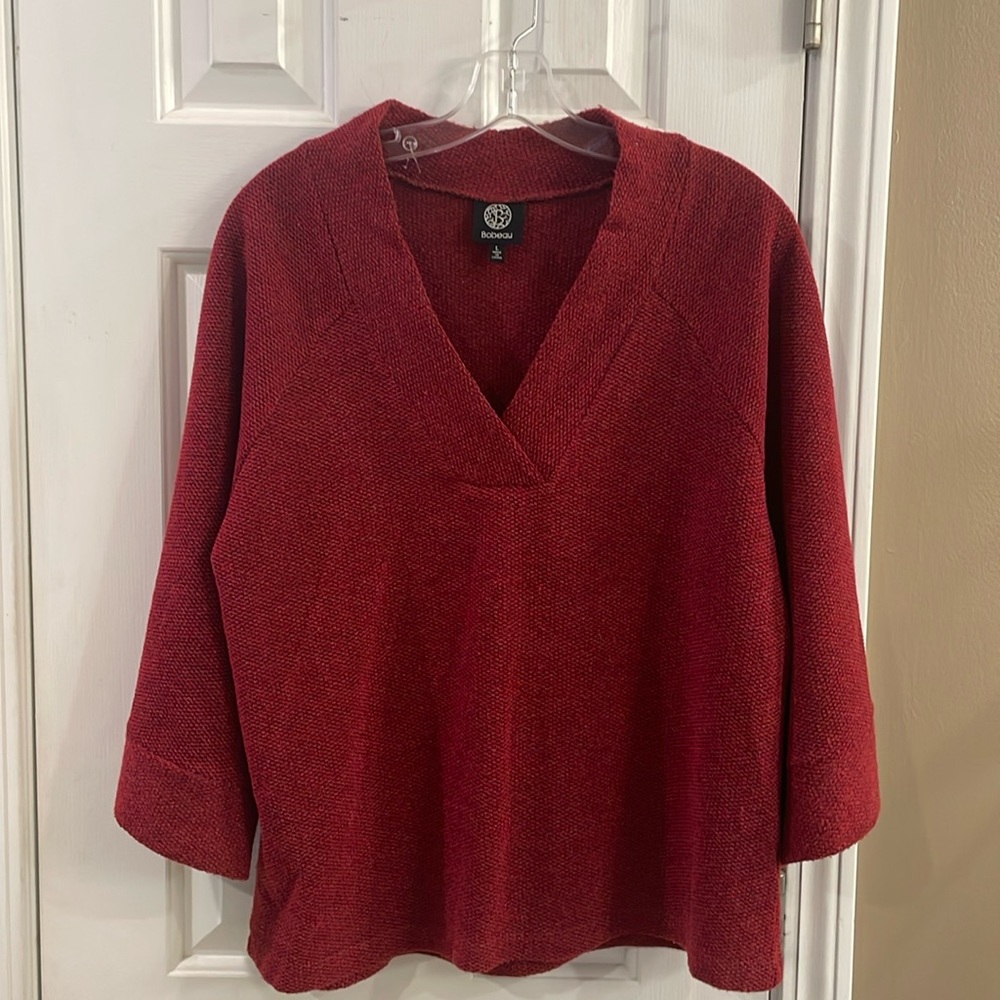 Bobeau 3/4 Sleeve V-Neck Tunic Red Black - Large L
